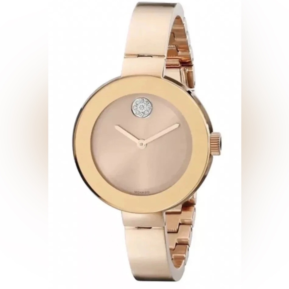New Movado Bold Women’s Rose Gold Crystal Dot Bangle Watch 3600202